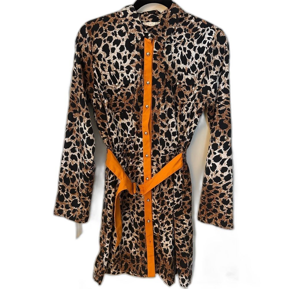 Olive & Oak Leapard Orange Belted Long Sleeve Mini Button Up Dress Womens Medium